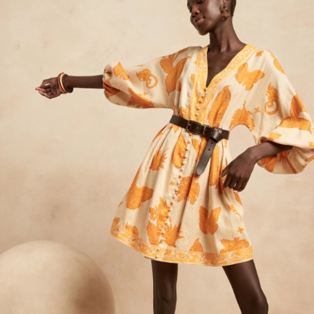 LINEN BALLOON-SLEEVE MINI DRESS